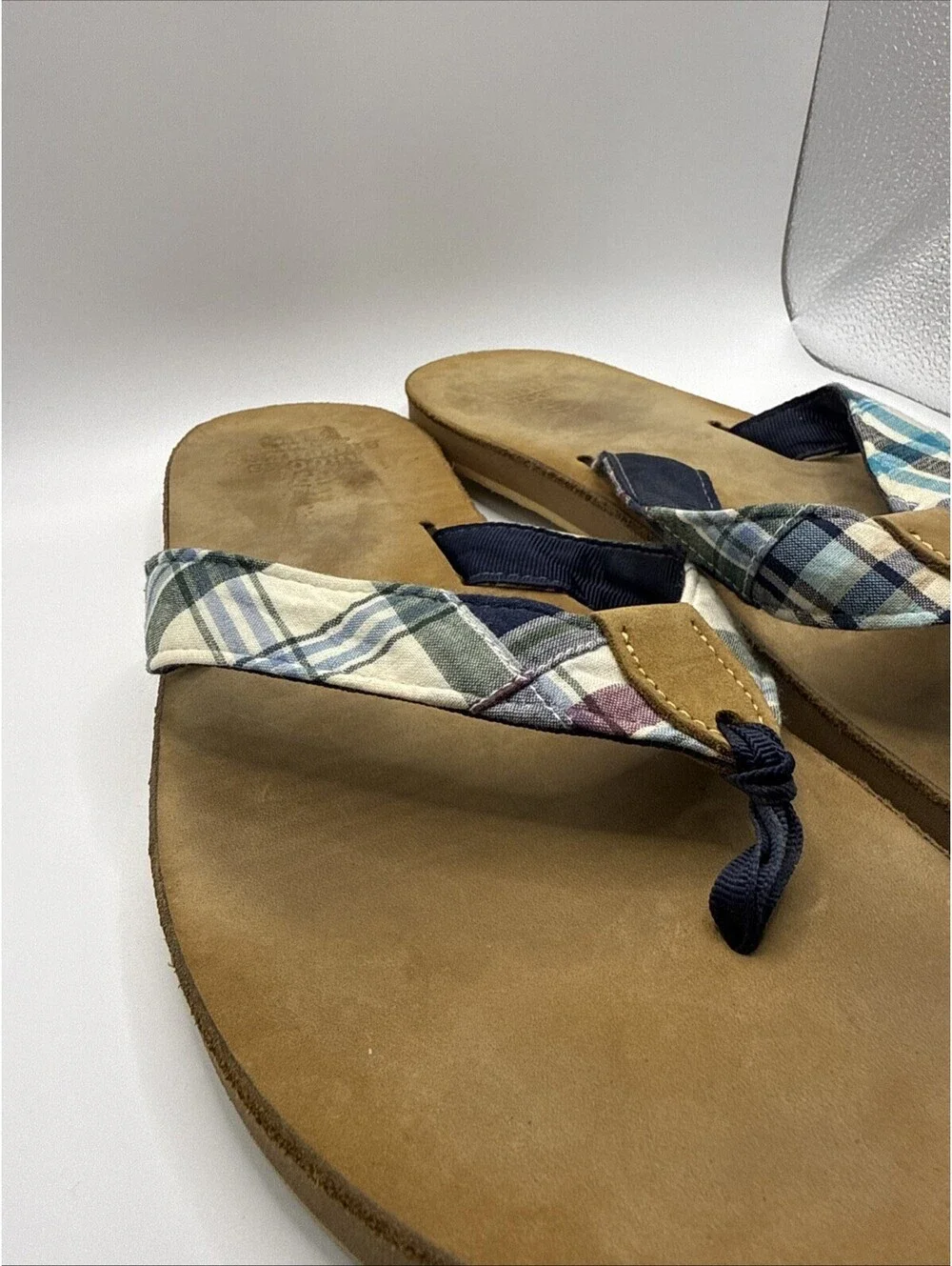 Brooks Brothers Mens Plaid Leather Flip Flop Sandals Tan Blue Made in USA